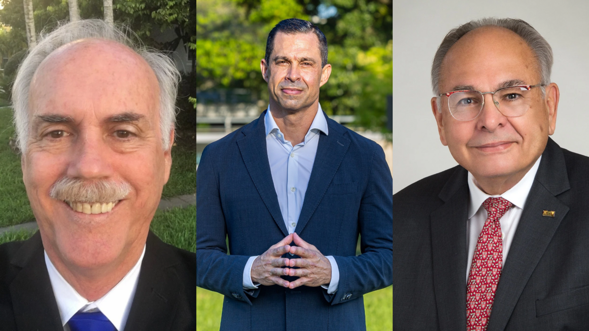Coral Gables 2026 mayoral candidates Jackson ‘Rip’ Holmes, incumbent Vince Lago and Laureano Cancio.